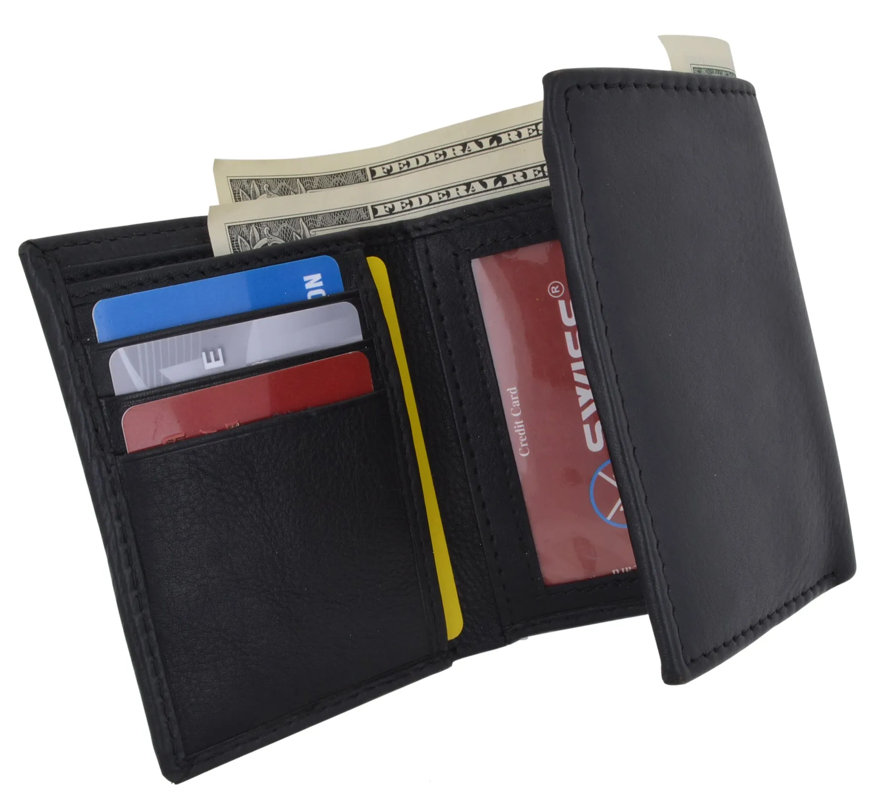 Black Mens Leather RFID Trifold Card ID Wallet W/ Removable Card Holder & Gift Box