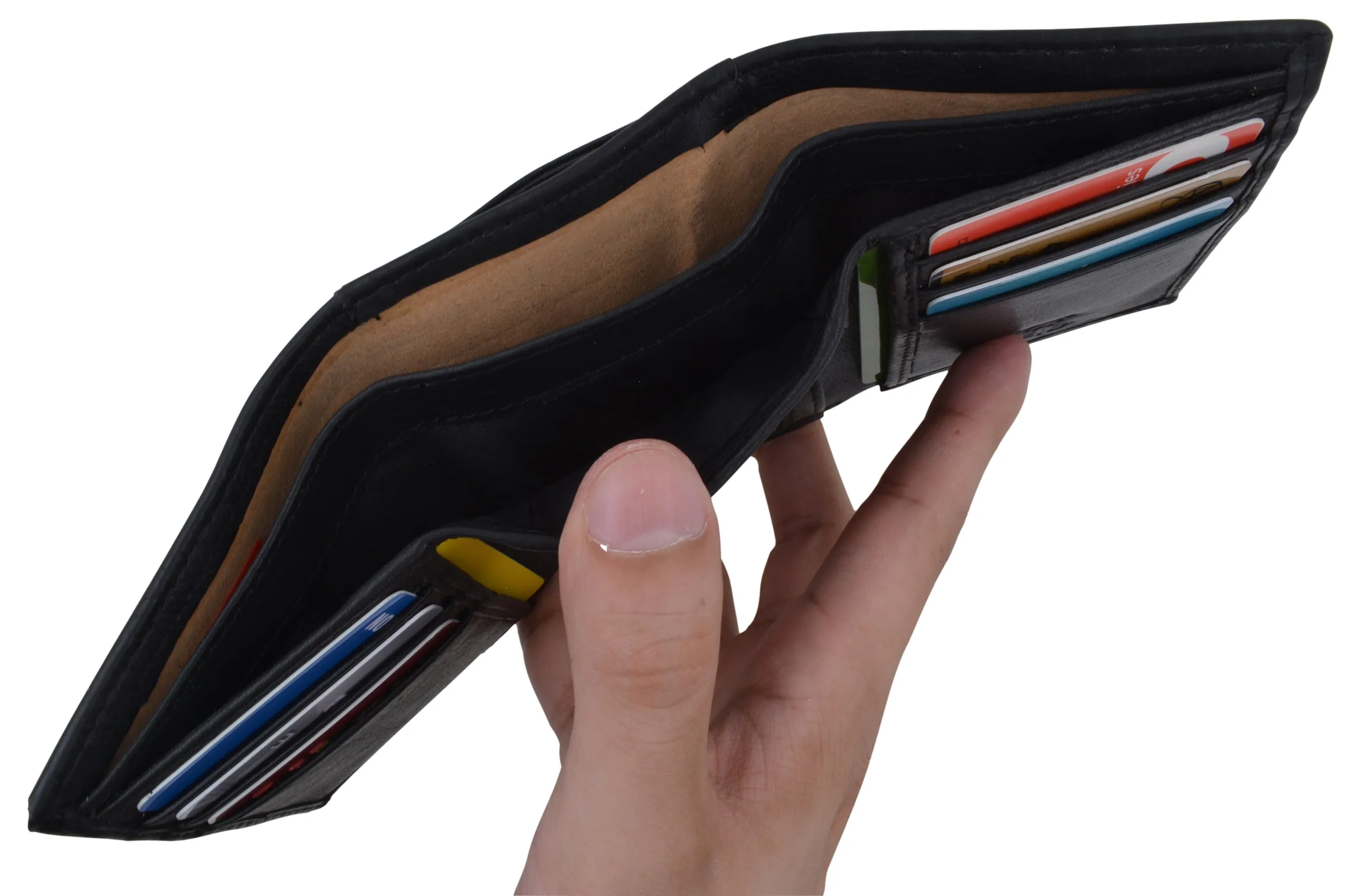 Black Mens Leather RFID Trifold Card ID Wallet W/ Removable Card Holder & Gift Box