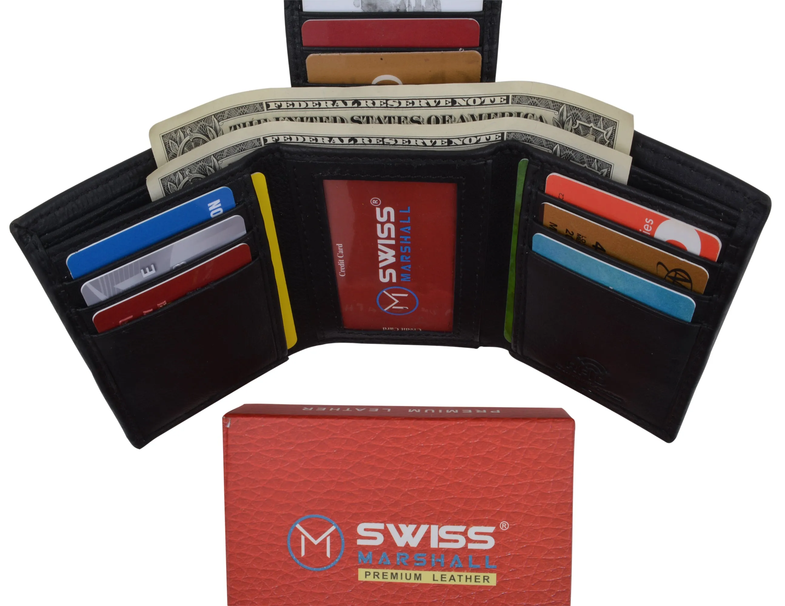 Black Mens Leather RFID Trifold Card ID Wallet W/ Removable Card Holder & Gift Box