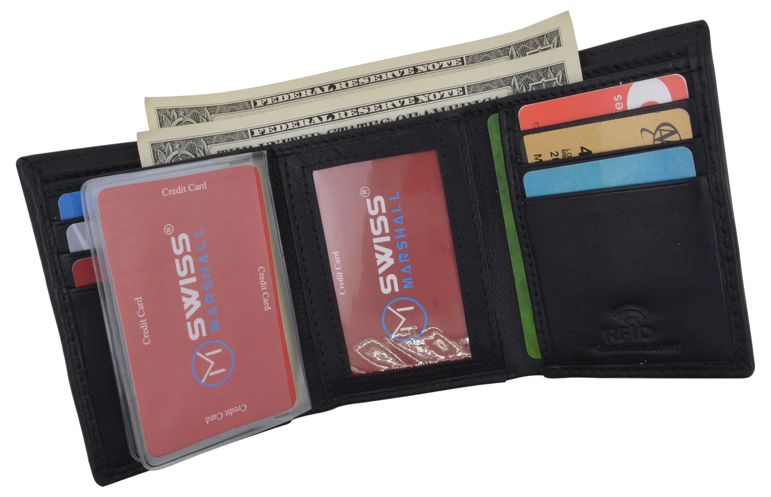 Black Mens Leather RFID Trifold Card ID Wallet W/ Removable Card Holder & Gift Box