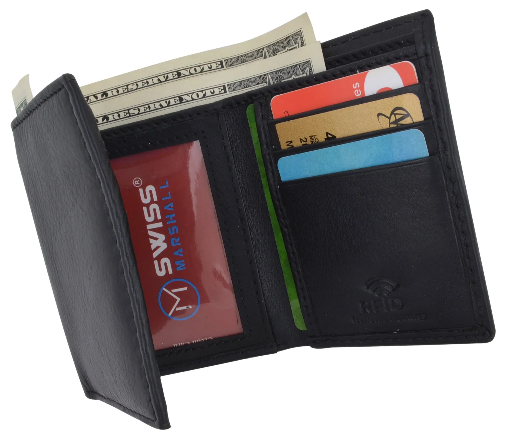 Black Mens Leather RFID Trifold Card ID Wallet W/ Removable Card Holder & Gift Box