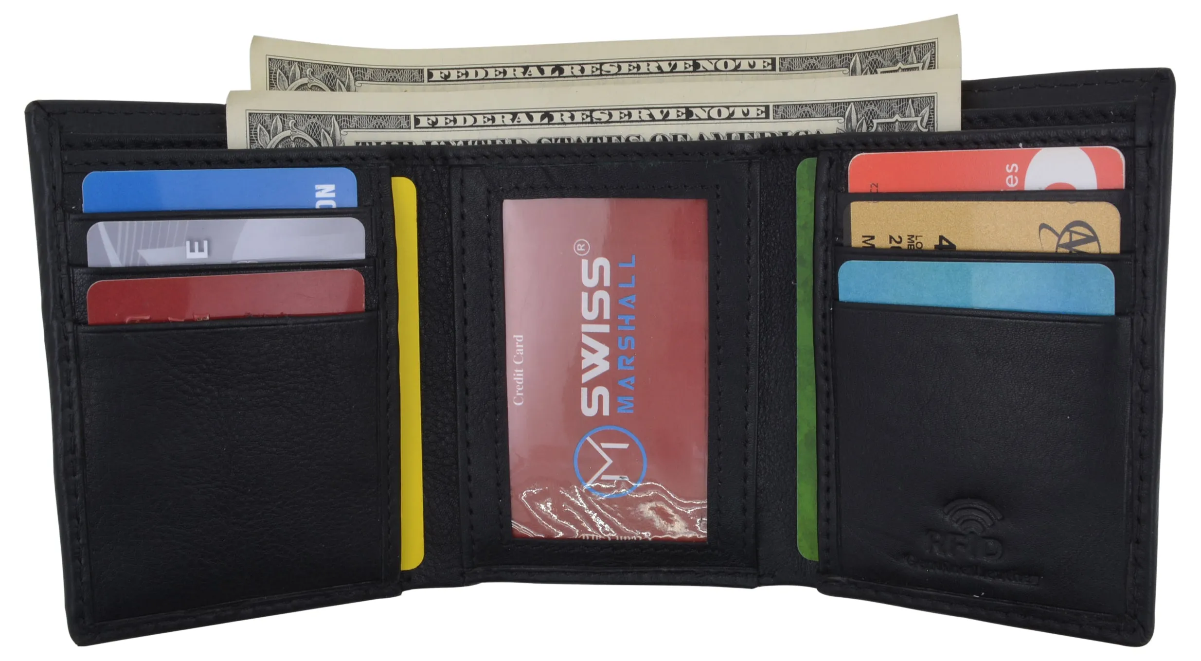 Black Mens Leather RFID Trifold Card ID Wallet W/ Removable Card Holder & Gift Box