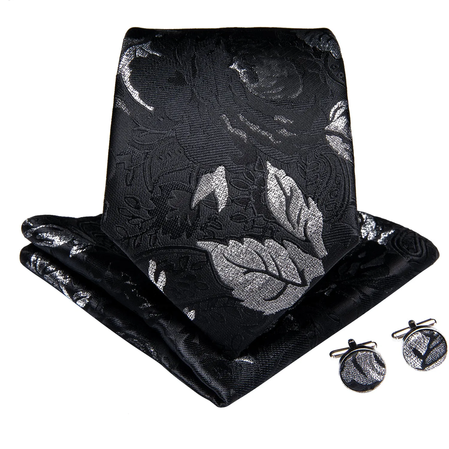 Black Silver White Floral Tie Pocket Square Cufflinks Set with Spacious Ring