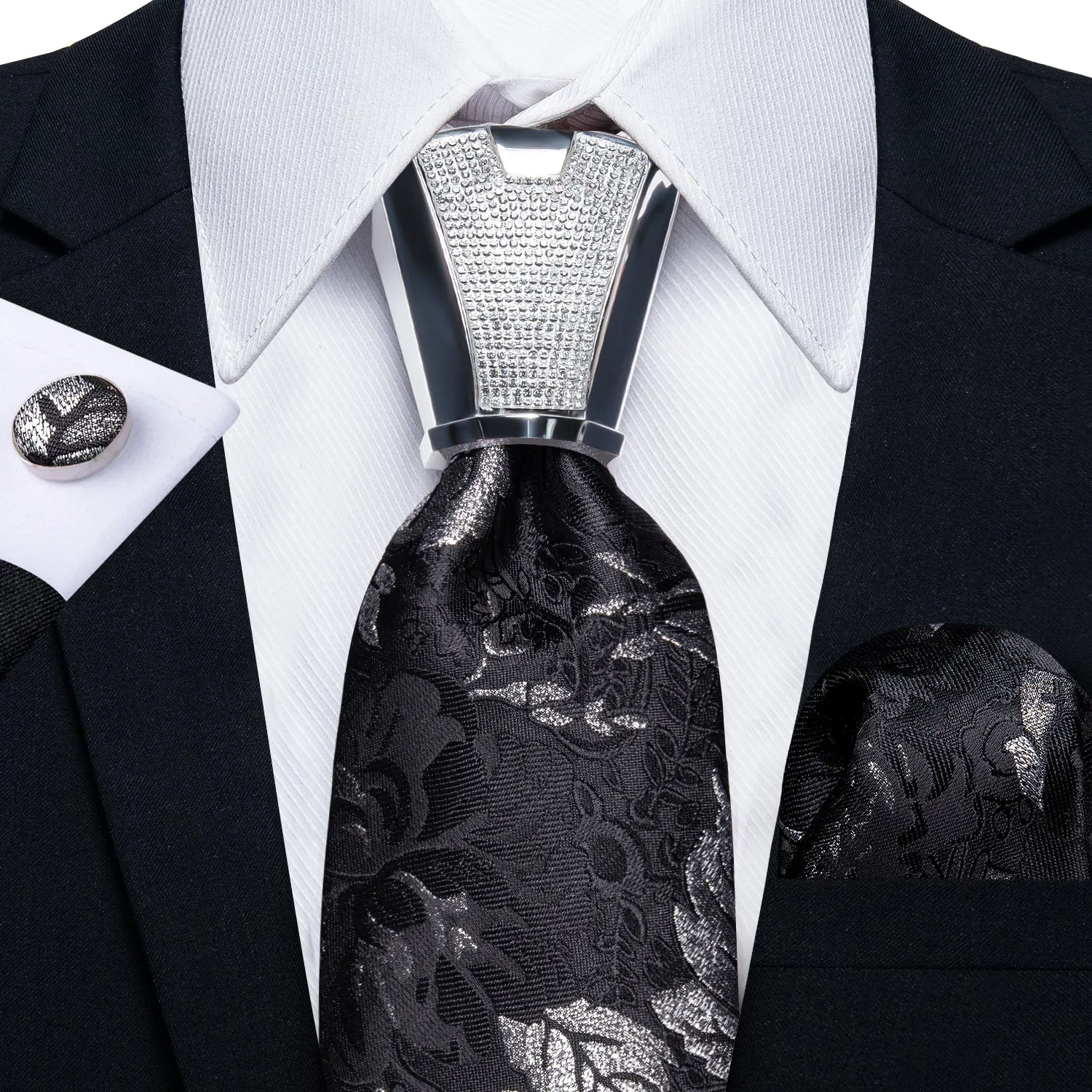 Black Silver White Floral Tie Pocket Square Cufflinks Set with Spacious Ring