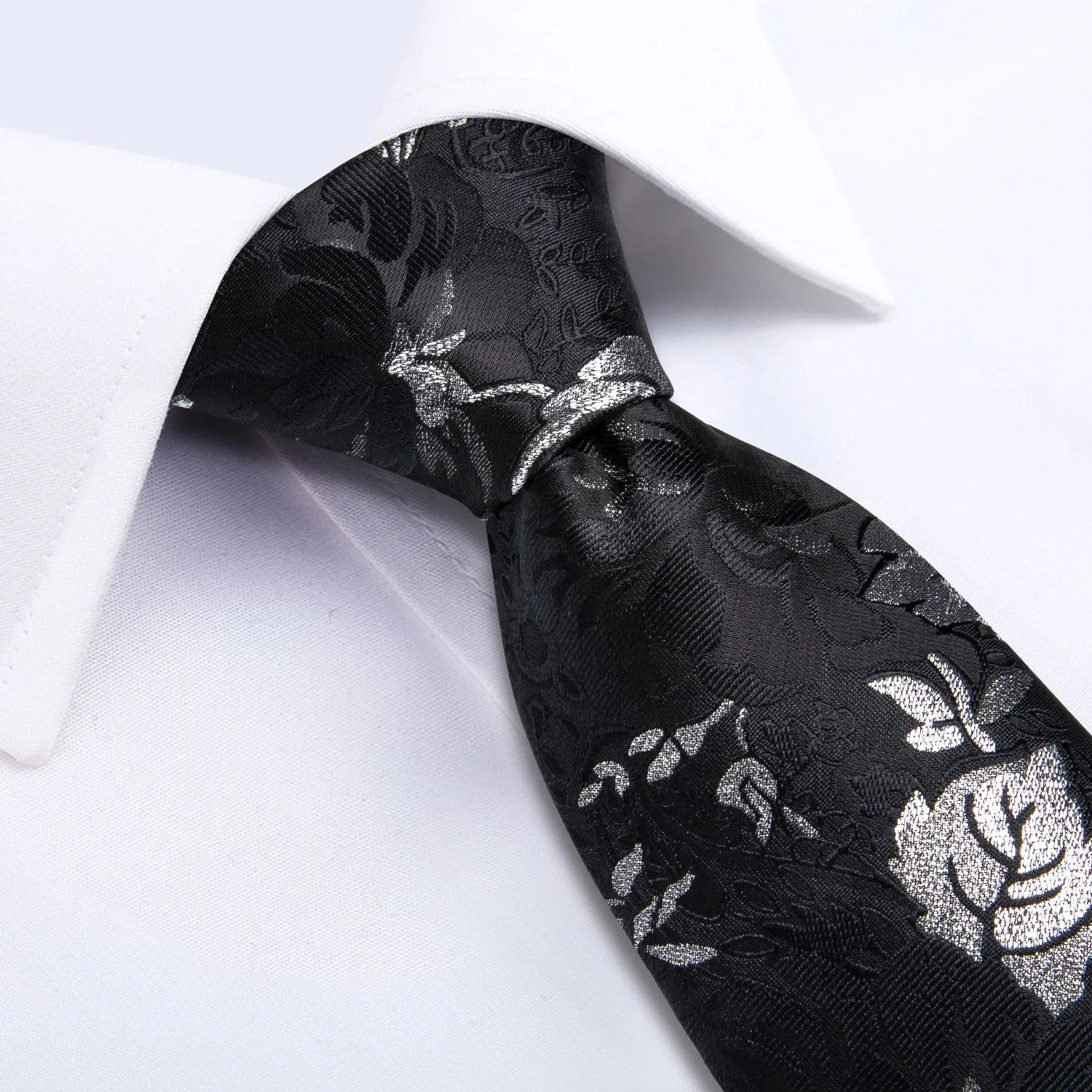 Black Silver White Floral Tie Pocket Square Cufflinks Set with Spacious Ring