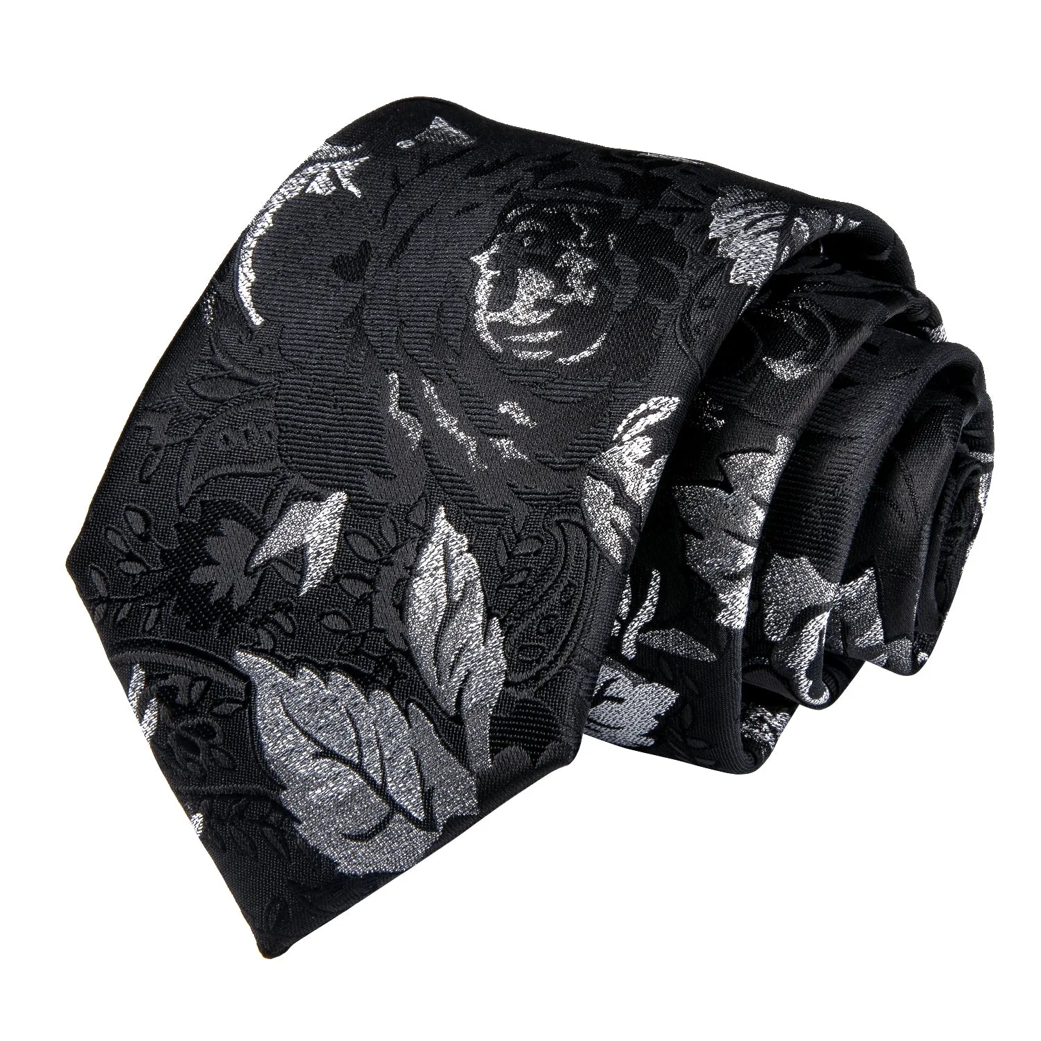 Black Silver White Floral Tie Pocket Square Cufflinks Set with Spacious Ring