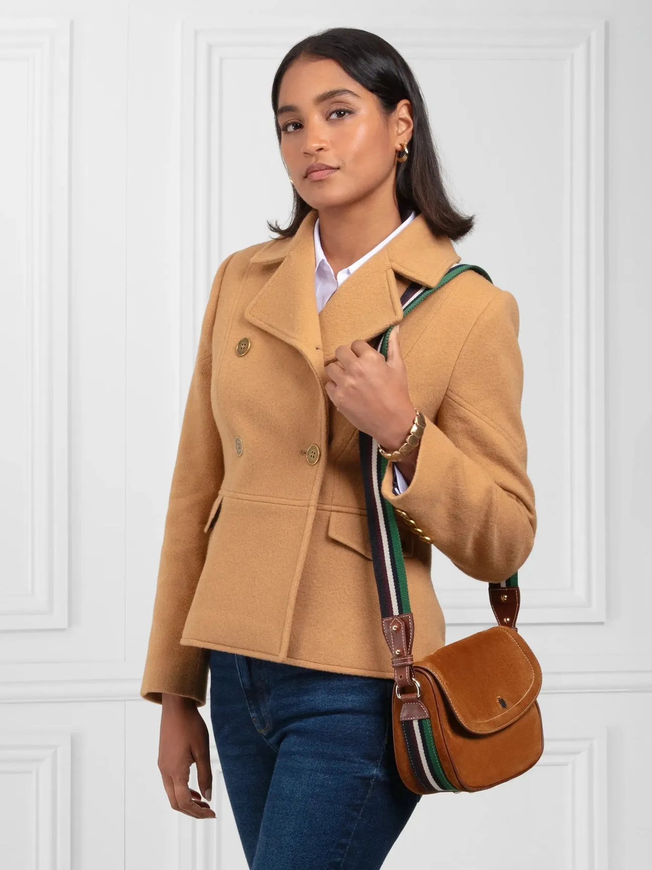 Boston Women’s Saddle Bag - Tan Suede & Striped Webbing