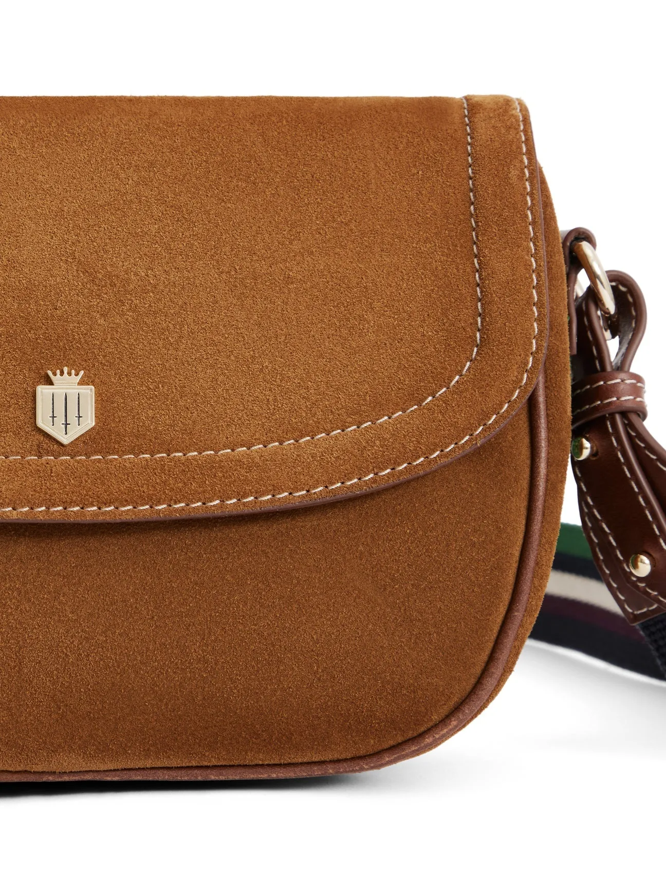 Boston Women’s Saddle Bag - Tan Suede & Striped Webbing