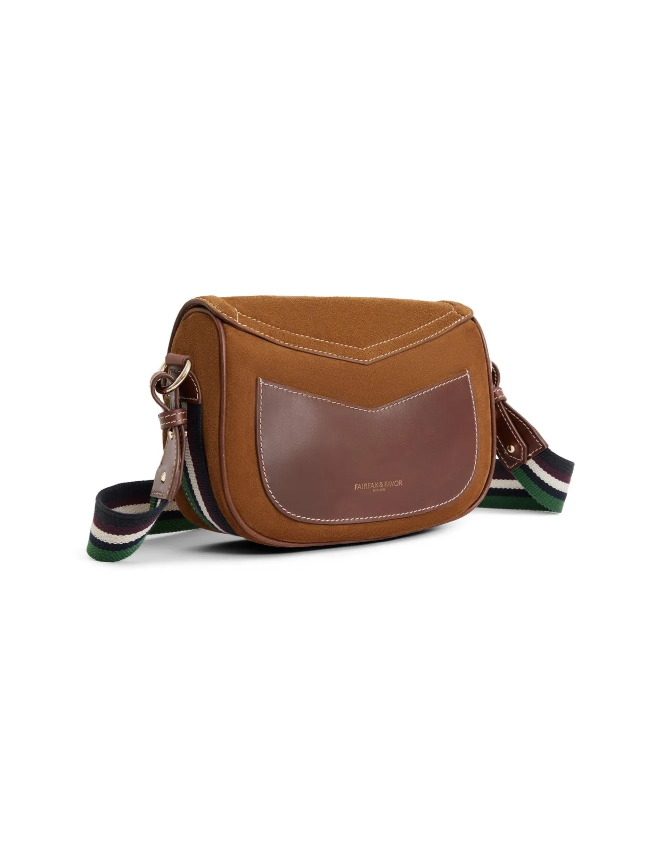 Boston Women’s Saddle Bag - Tan Suede & Striped Webbing