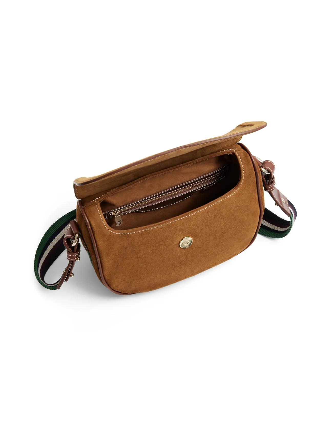 Boston Women’s Saddle Bag - Tan Suede & Striped Webbing