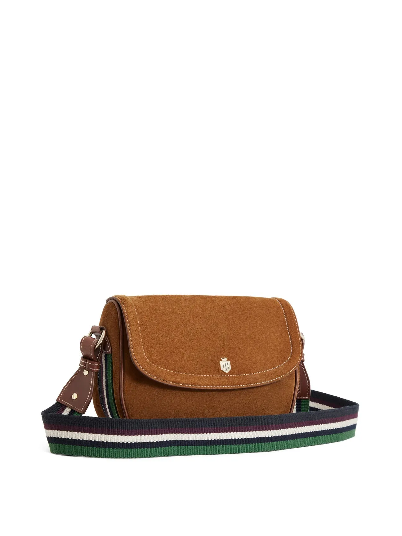 Boston Women’s Saddle Bag - Tan Suede & Striped Webbing