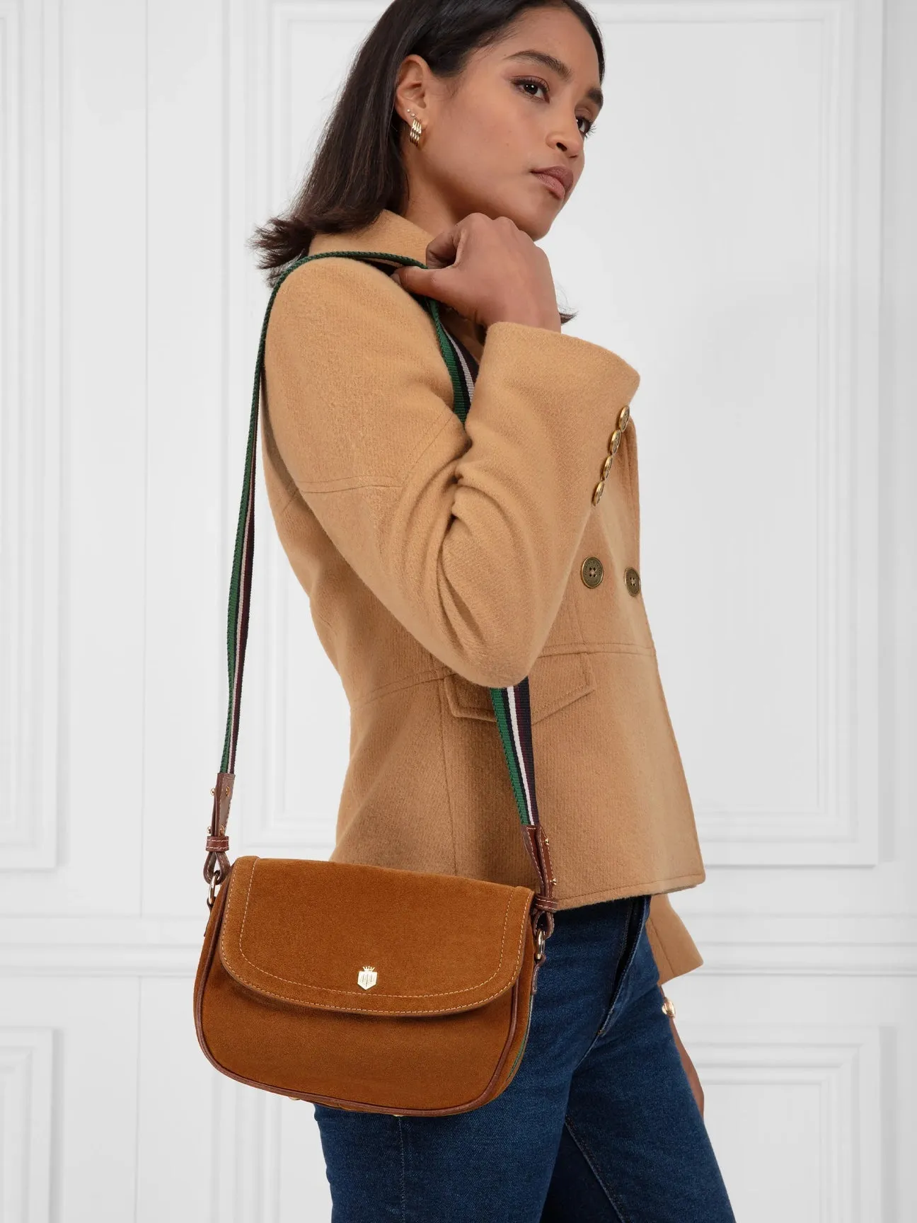 Boston Women’s Saddle Bag - Tan Suede & Striped Webbing