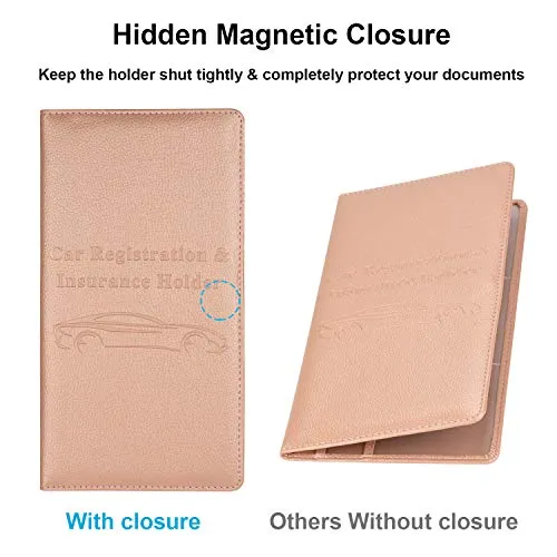 Car Registration and Insurance Holder, Vehicle Glove Box Car Organizer Men Women Wallet Accessories Case with Magnetic Shut for Cards, Essential Document, Driver License by Cacturism, Rose Gold