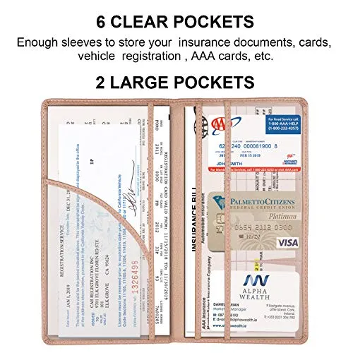 Car Registration and Insurance Holder, Vehicle Glove Box Car Organizer Men Women Wallet Accessories Case with Magnetic Shut for Cards, Essential Document, Driver License by Cacturism, Rose Gold