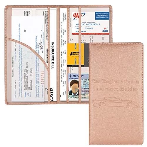 Car Registration and Insurance Holder, Vehicle Glove Box Car Organizer Men Women Wallet Accessories Case with Magnetic Shut for Cards, Essential Document, Driver License by Cacturism, Rose Gold