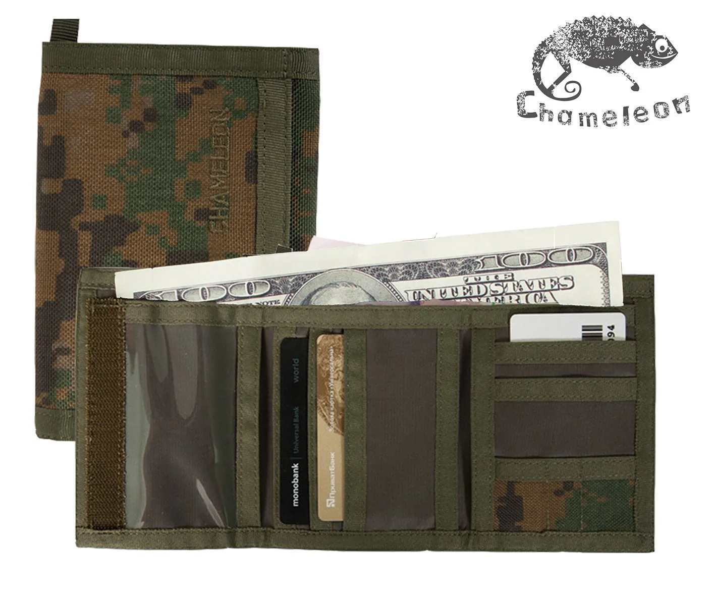 Chameleon Velcro Trifold Mens Wallet-Military Tactical Men Wallets- ID Card Holder - Canvas Thin Front Pocket Travel Wallet-Coin Zipper Pocket-Morpat