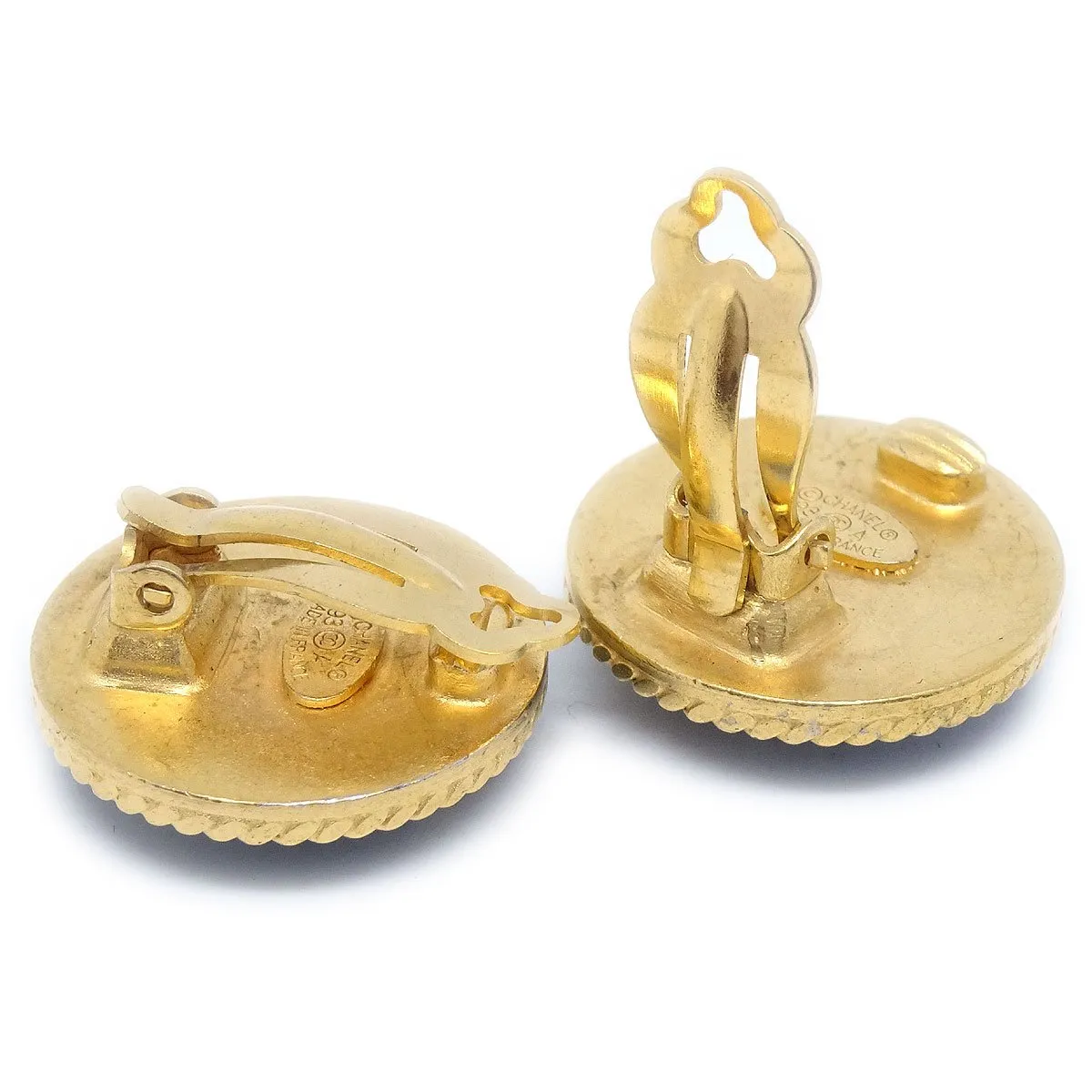 CHANEL 1993 Mother of Pearl Earrings Gold Black Clip-On 61981
