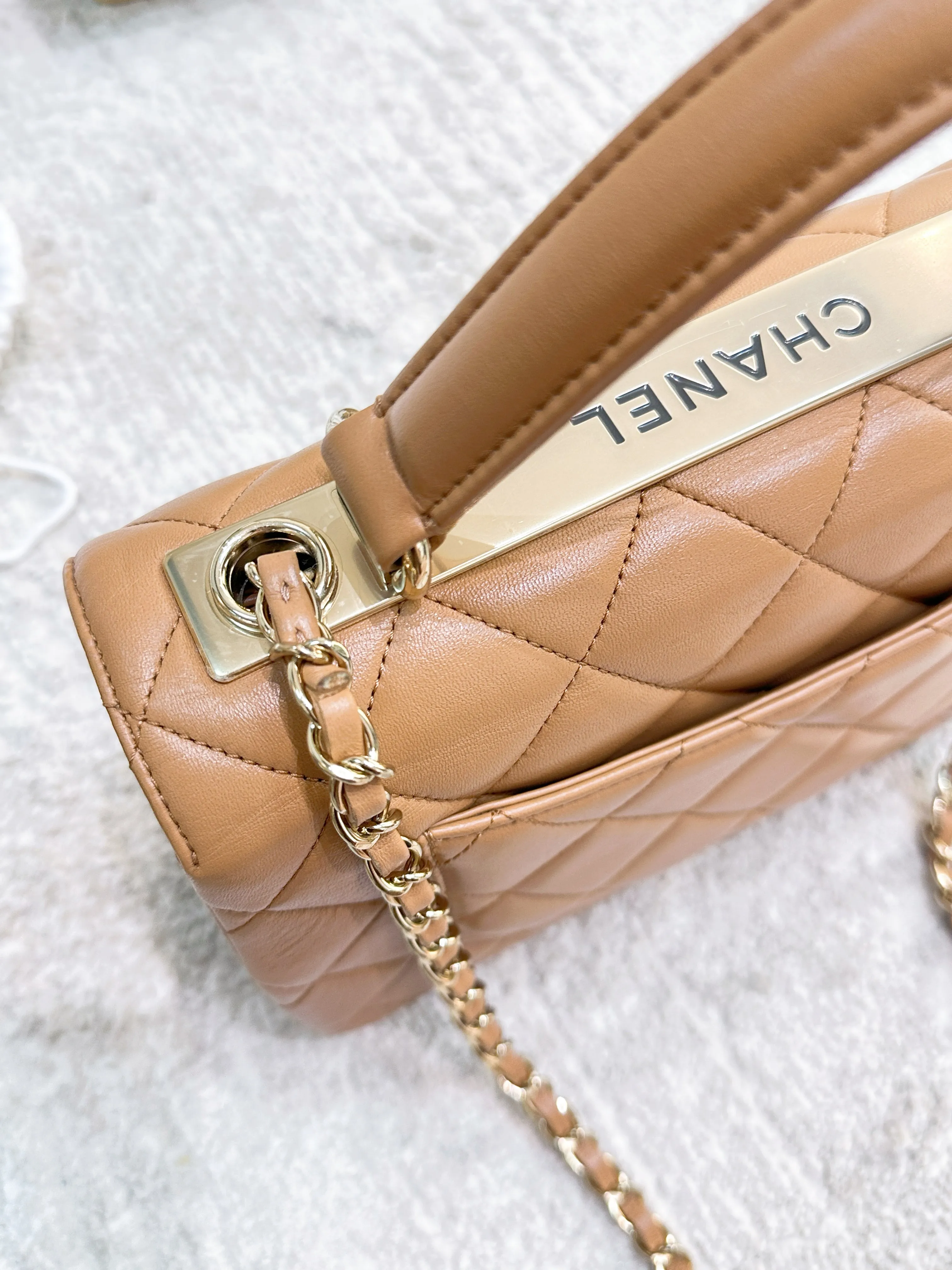 CHANEL Lambskin Quilted Small Trendy CC Flap Dual Handle Bag Camel 19K