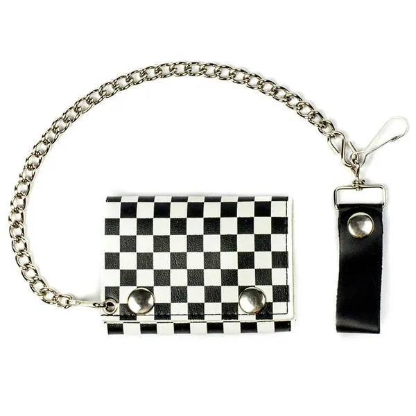 Checkered Tri-Fold Biker Wallet w/ Chain