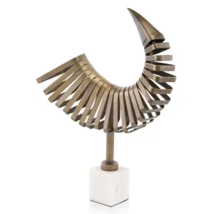 Cuerno Abstract Horn Sculpture, Iron, Stands Tall Marble Base, Transitional, Tabletop, Accessory, Home or Office, Decor, 14" L x 4.5" W x 18" H, Brass, White