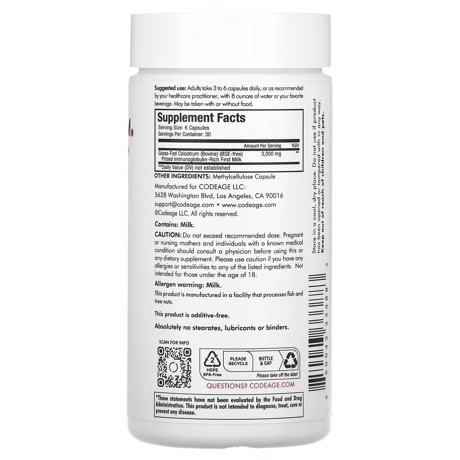Dietary supplement Codeage Immuno Colostrum, 180 capsules