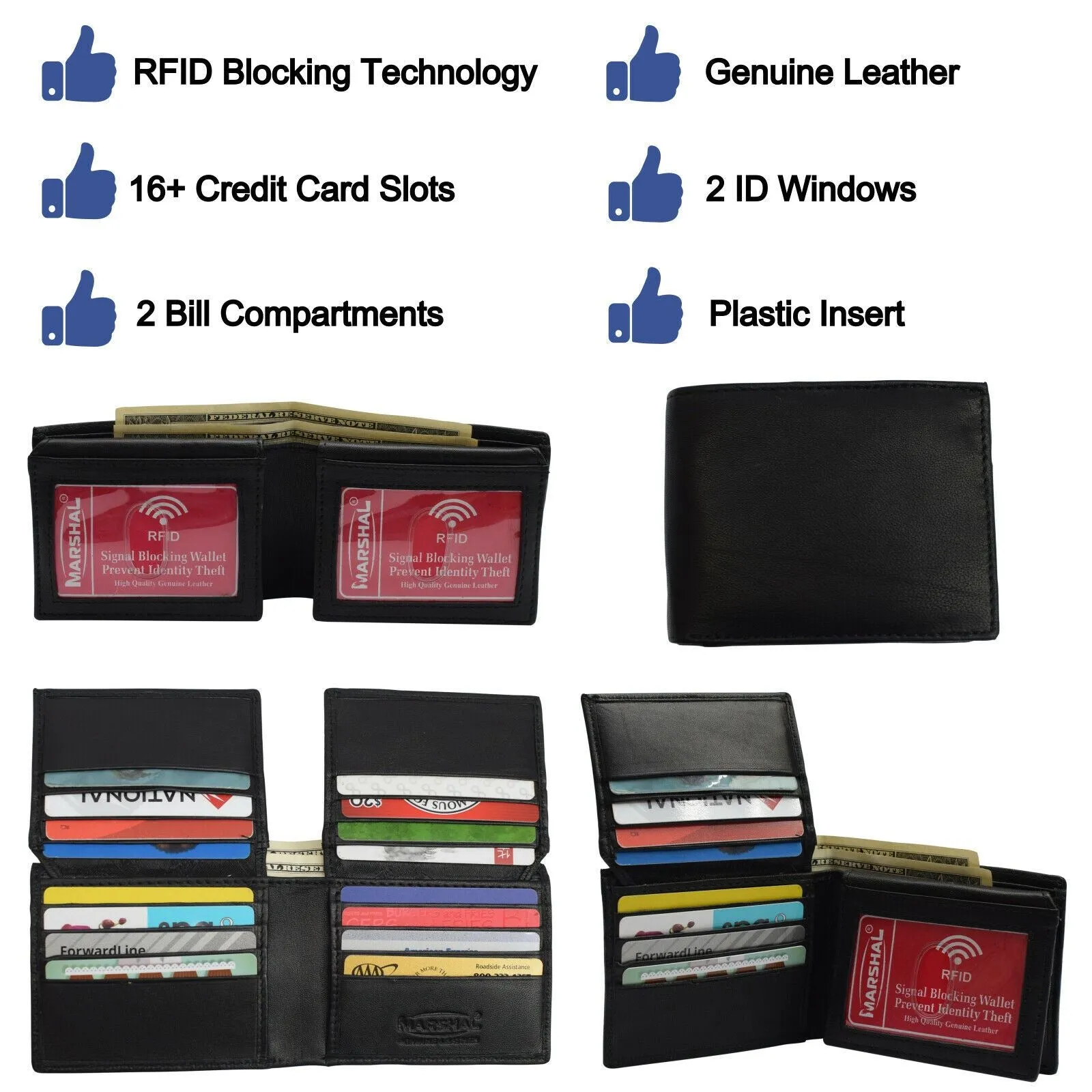 Double Flap Up Bifold Mens Wallet Cowhide Leather 16  credit cards - 4 ID Window