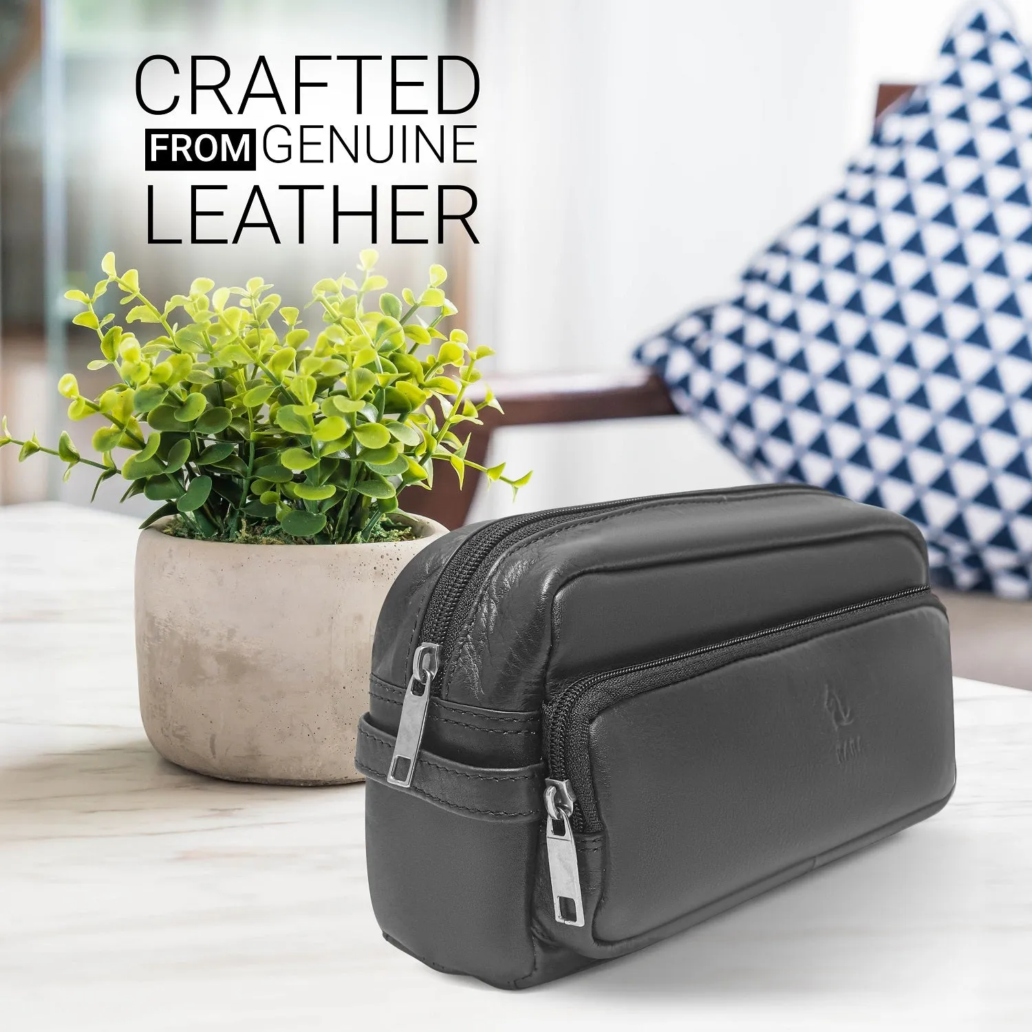 Edward Black Leather Wash Bag for Men