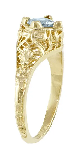 Edwardian Floral Filigree Square Aquamarine Engagement Ring in 14K Yellow Gold