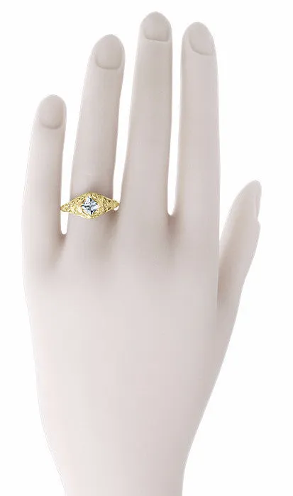 Edwardian Floral Filigree Square Aquamarine Engagement Ring in 14K Yellow Gold
