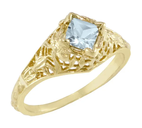 Edwardian Floral Filigree Square Aquamarine Engagement Ring in 14K Yellow Gold