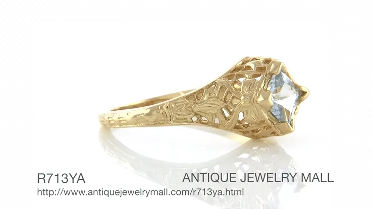Edwardian Floral Filigree Square Aquamarine Engagement Ring in 14K Yellow Gold