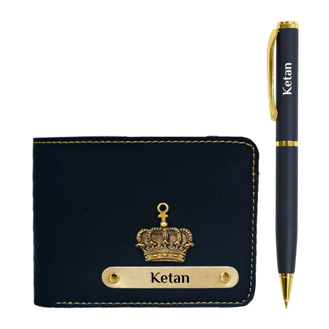 Elegant Black Vegan Wallet & Pen Set with King Charm -Personalized Gifts for Men