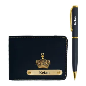Elegant Black Vegan Wallet & Pen Set with King Charm -Personalized Gifts for Men