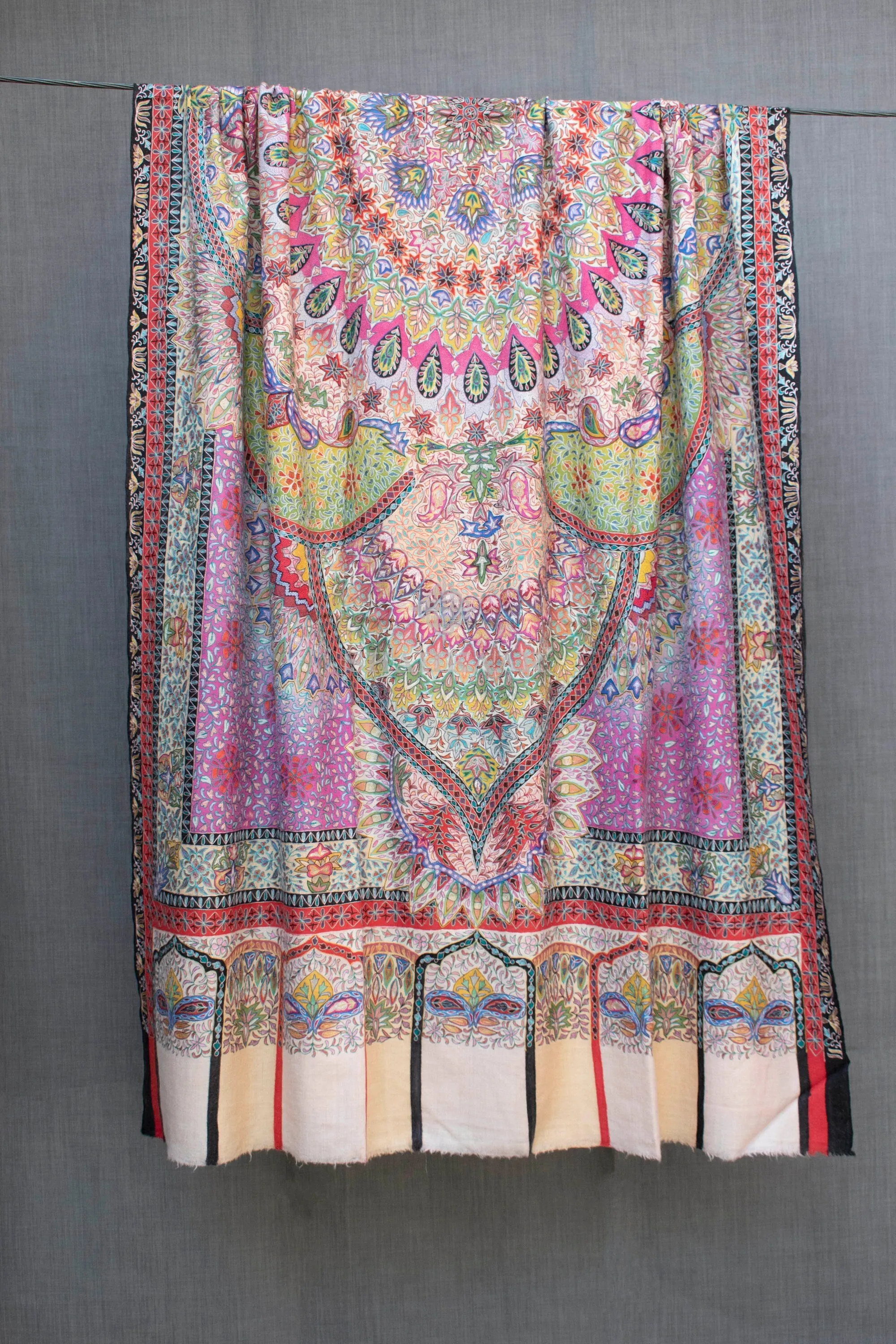 Exquisite Kalamkari Pashmina/Cashmere Shawl, Hand Painted, Hand Hook Embroidery, Hand Woven, Pure Silk Embroidery Thread