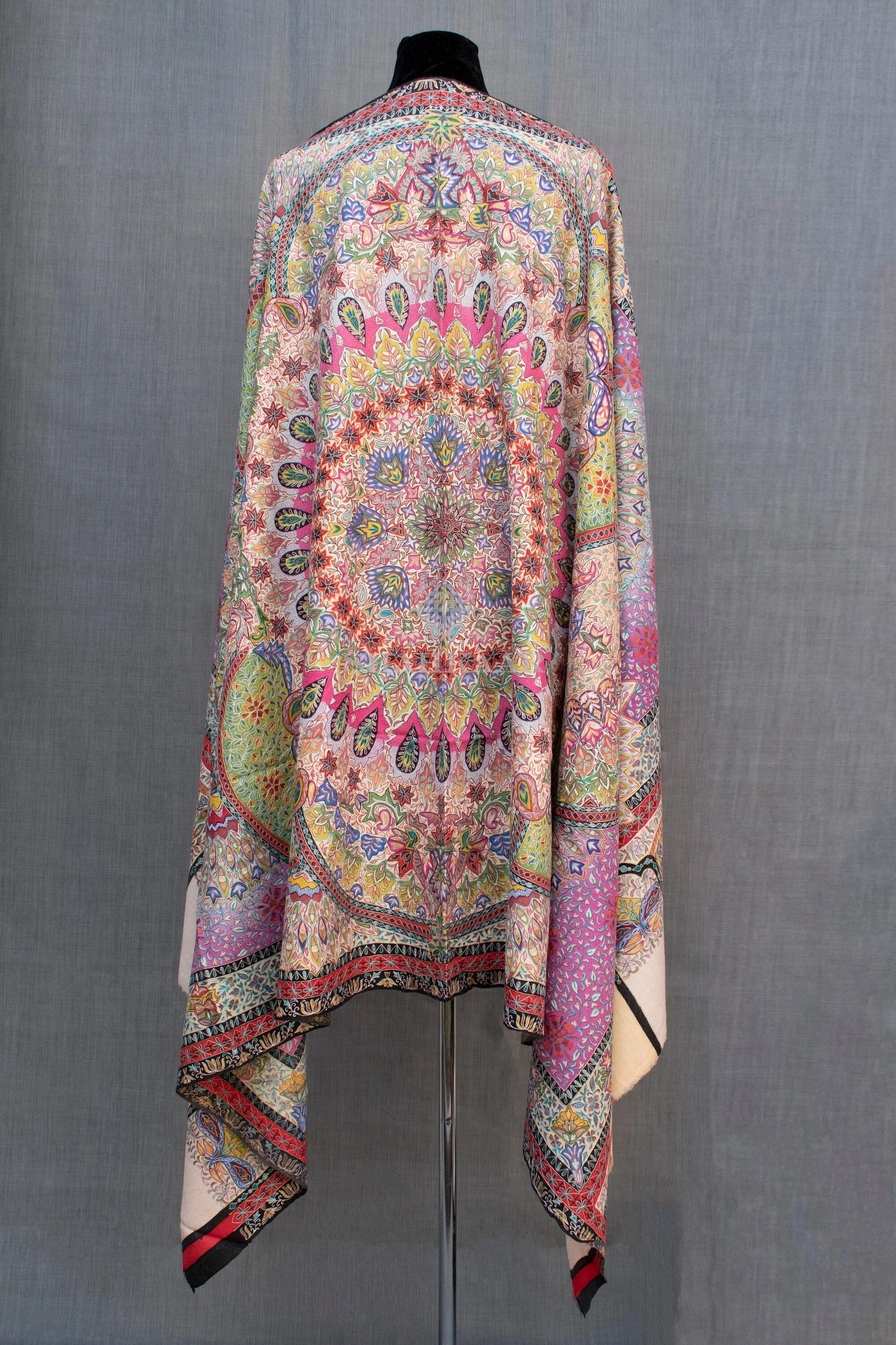 Exquisite Kalamkari Pashmina/Cashmere Shawl, Hand Painted, Hand Hook Embroidery, Hand Woven, Pure Silk Embroidery Thread