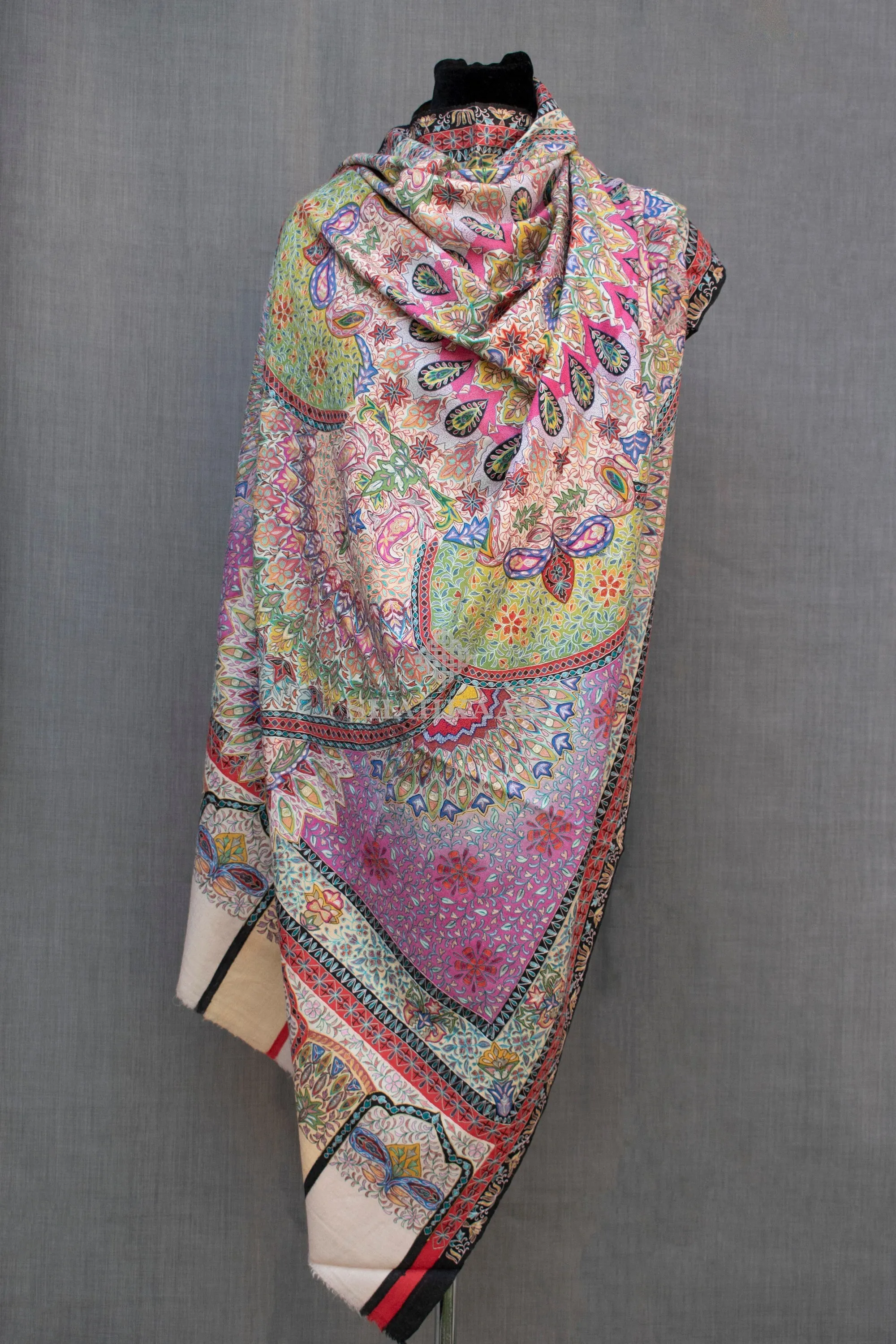 Exquisite Kalamkari Pashmina/Cashmere Shawl, Hand Painted, Hand Hook Embroidery, Hand Woven, Pure Silk Embroidery Thread