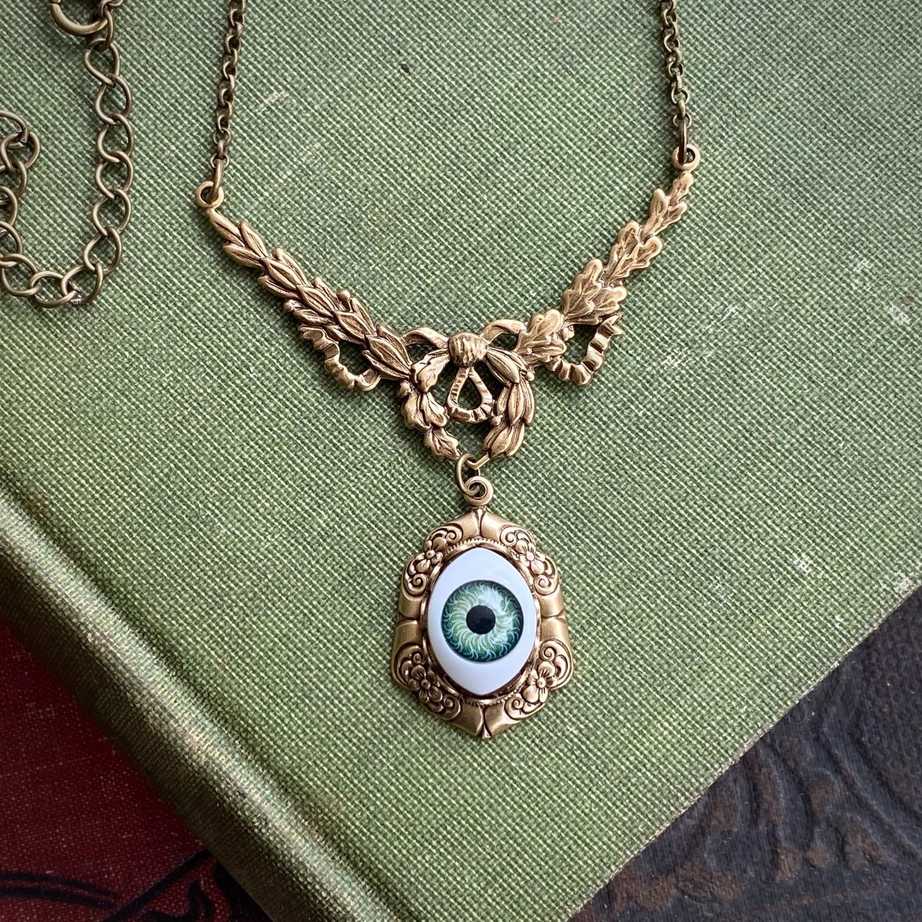 Eye Ball Pendant Necklace in Antique Brass or Silver - Green, Blue or Brown Eye - Vintage Style