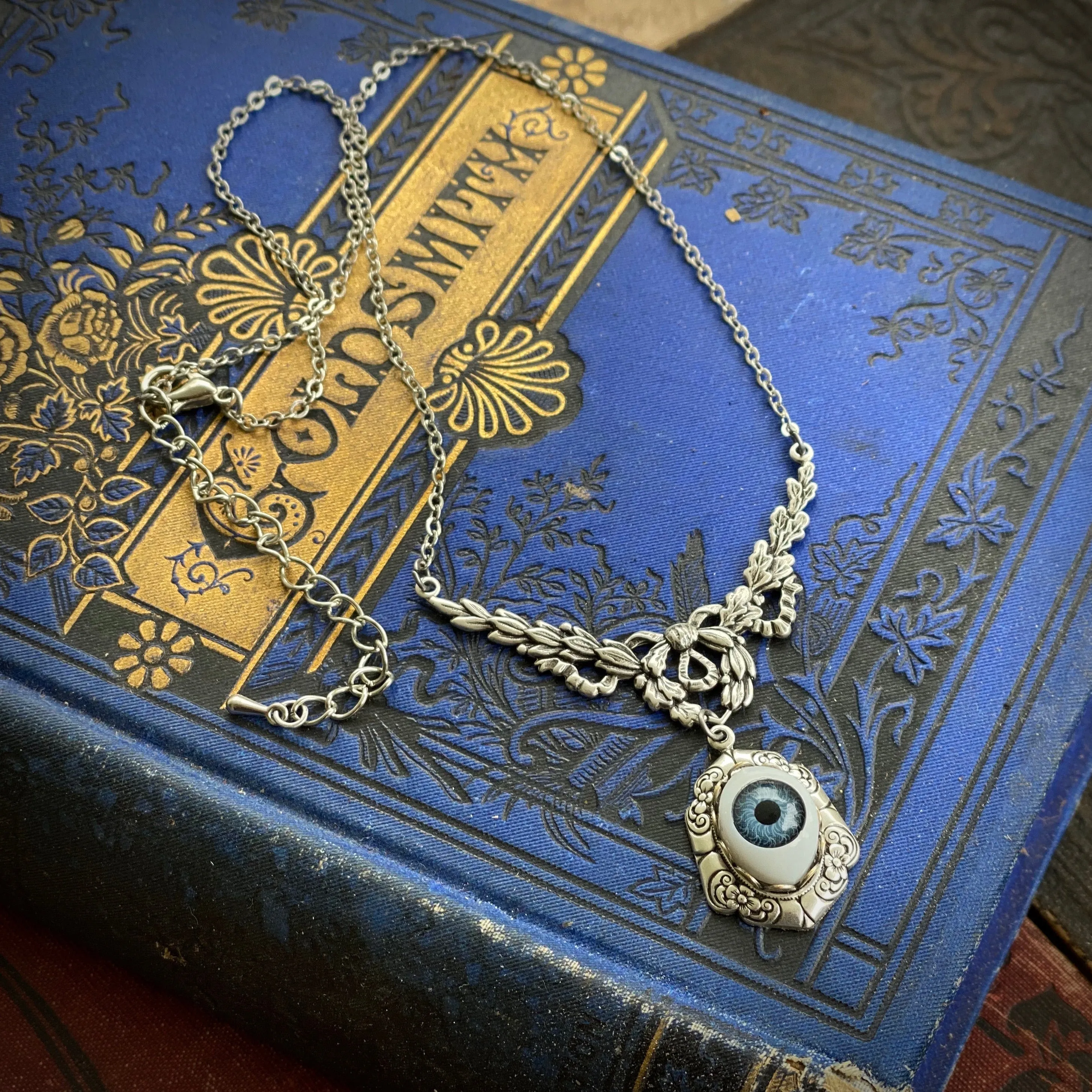 Eye Ball Pendant Necklace in Antique Brass or Silver - Green, Blue or Brown Eye - Vintage Style