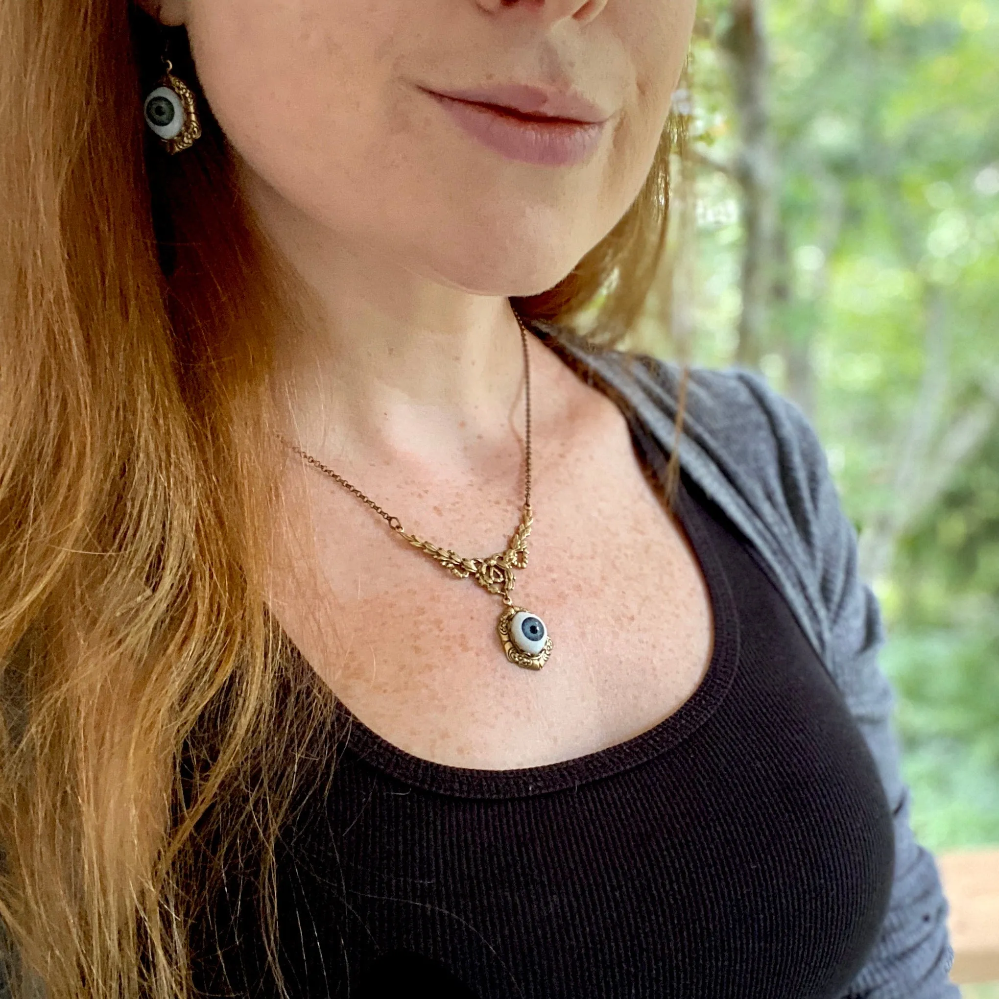Eye Ball Pendant Necklace in Antique Brass or Silver - Green, Blue or Brown Eye - Vintage Style