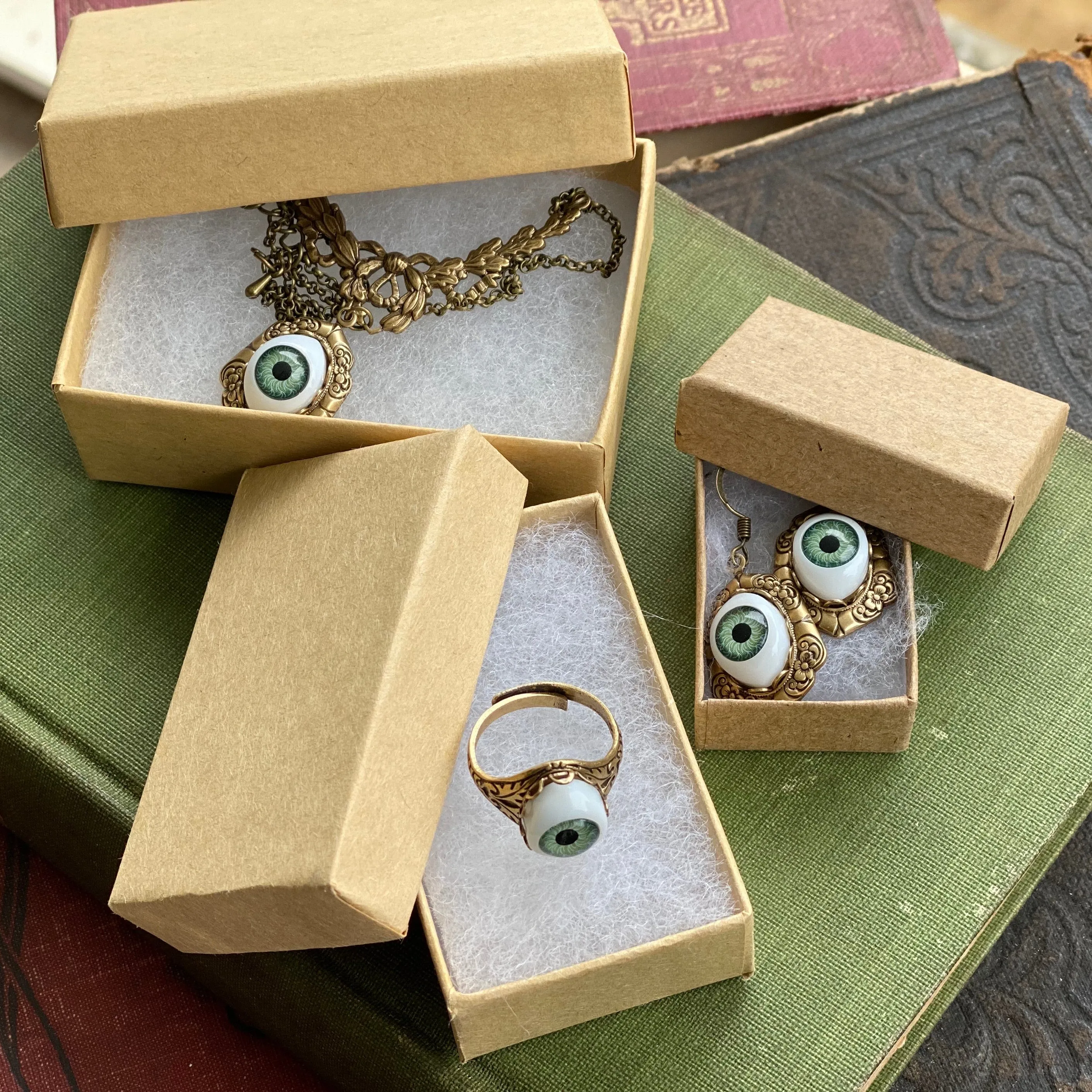 Eye Ball Pendant Necklace in Antique Brass or Silver - Green, Blue or Brown Eye - Vintage Style