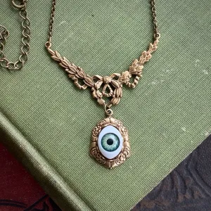 Eye Ball Pendant Necklace in Antique Brass or Silver - Green, Blue or Brown Eye - Vintage Style