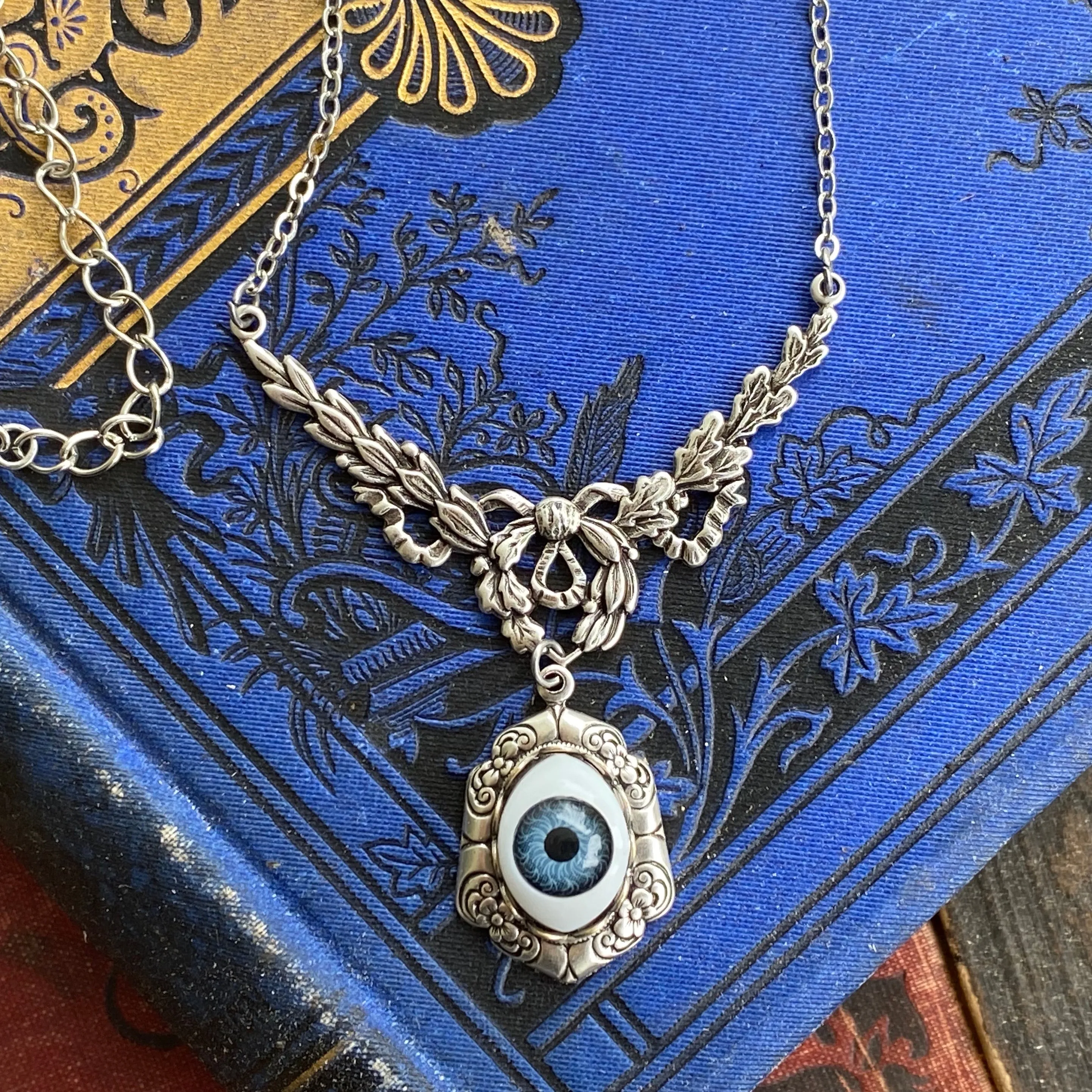 Eye Ball Pendant Necklace in Antique Brass or Silver - Green, Blue or Brown Eye - Vintage Style