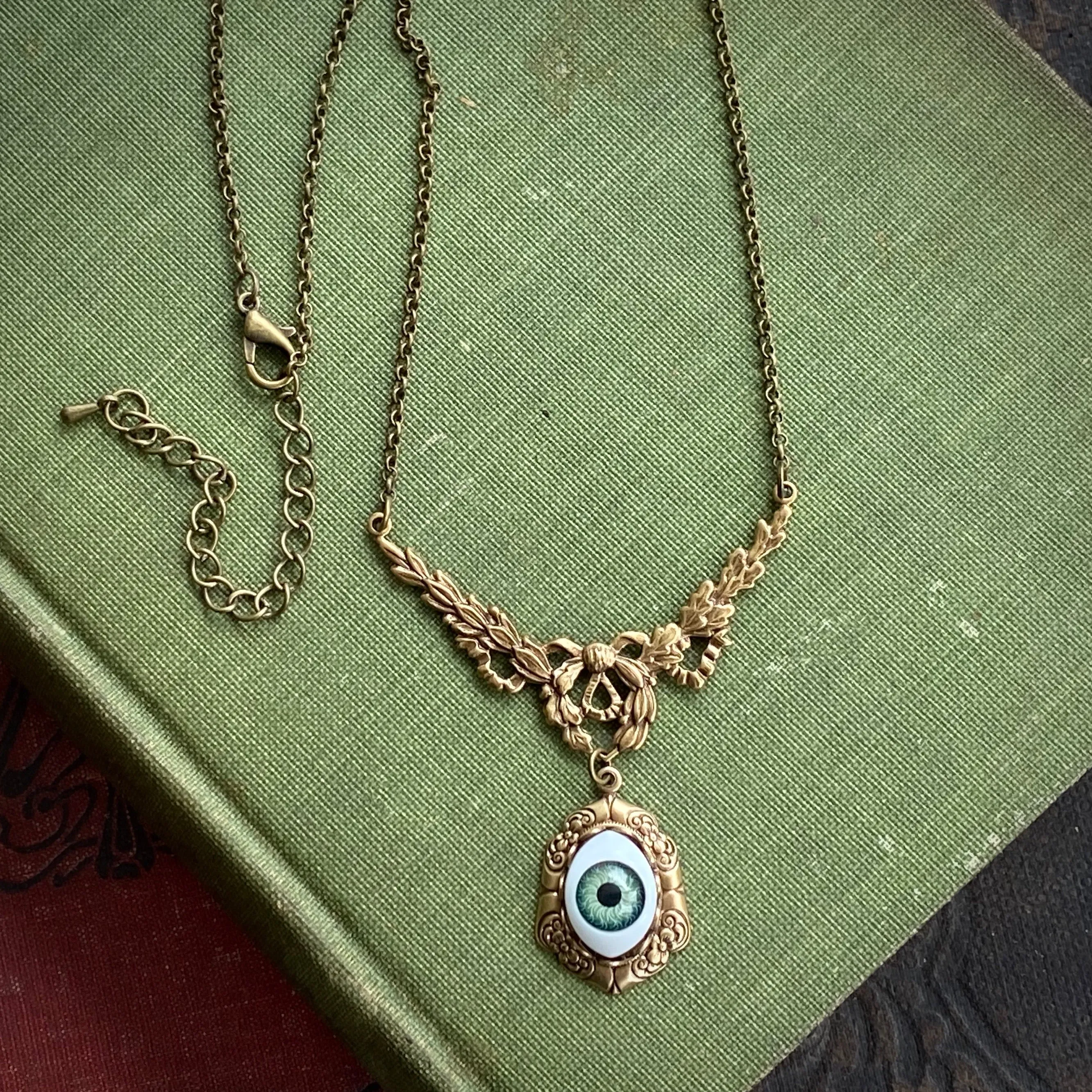 Eye Ball Pendant Necklace in Antique Brass or Silver - Green, Blue or Brown Eye - Vintage Style