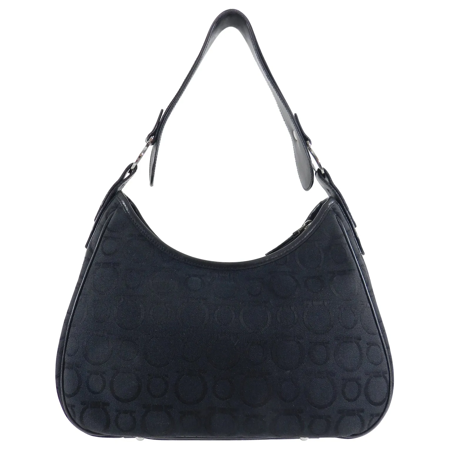 Ferragamo Gancini Black Canvas Logo Hobo Bag