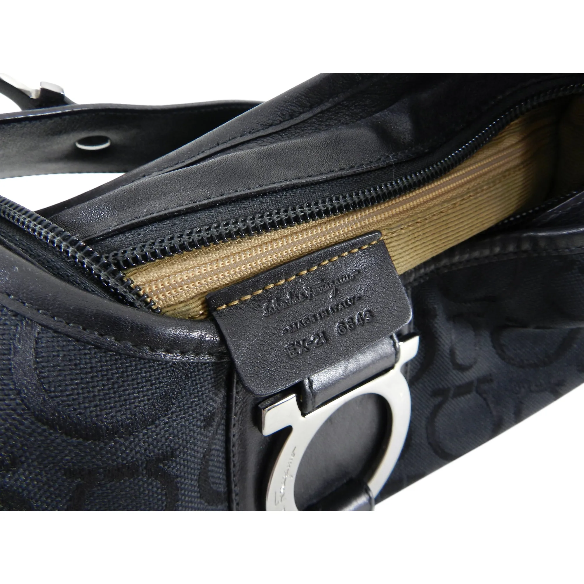 Ferragamo Gancini Black Canvas Logo Hobo Bag