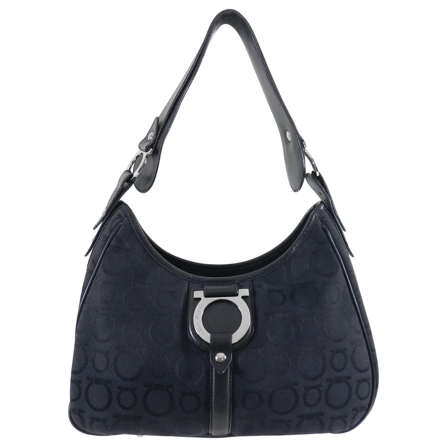 Ferragamo Gancini Black Canvas Logo Hobo Bag