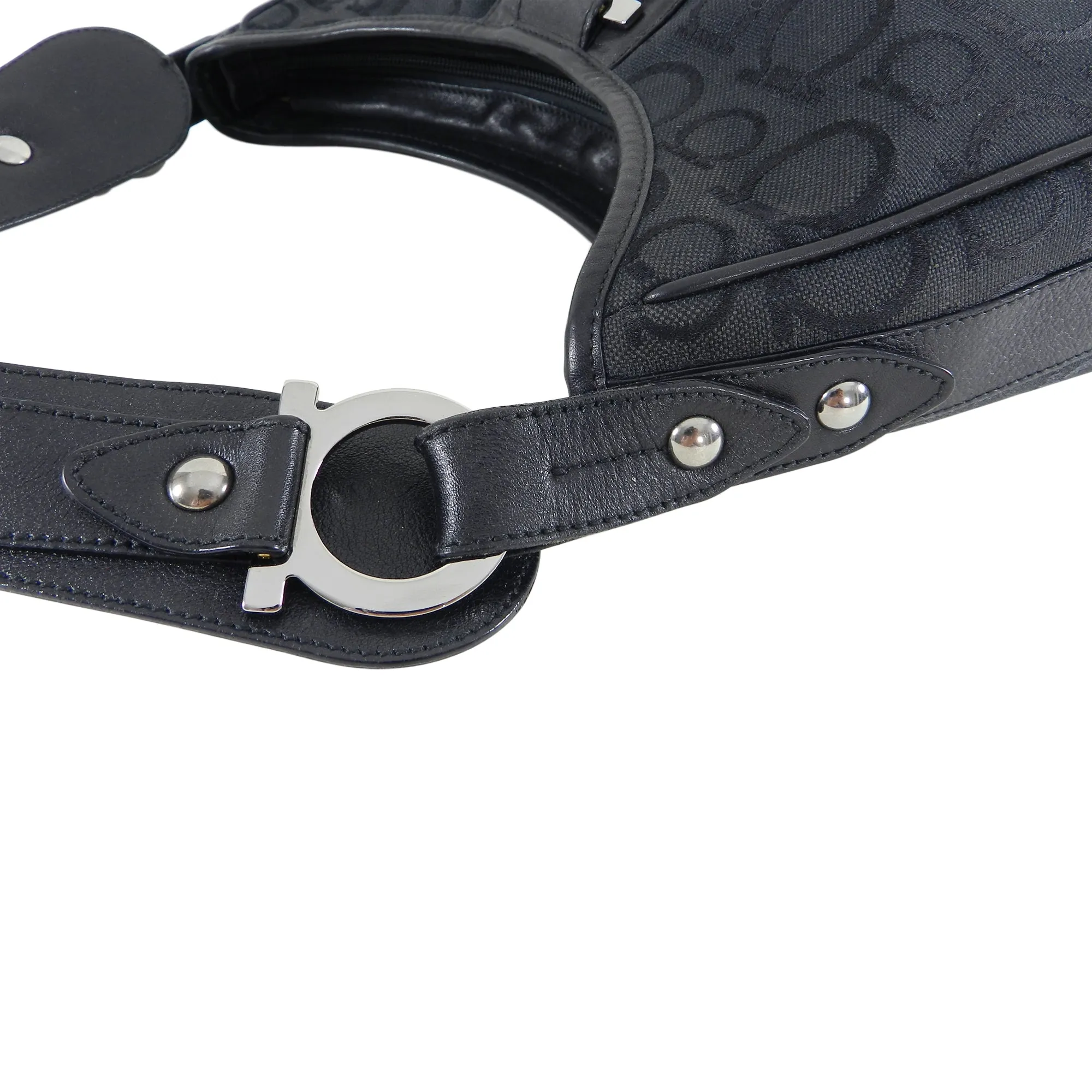 Ferragamo Gancini Black Canvas Logo Hobo Bag