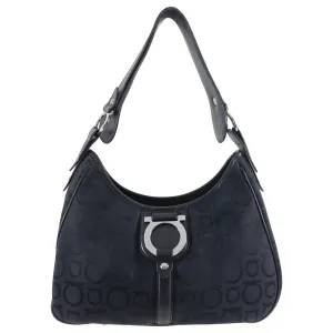 Ferragamo Gancini Black Canvas Logo Hobo Bag