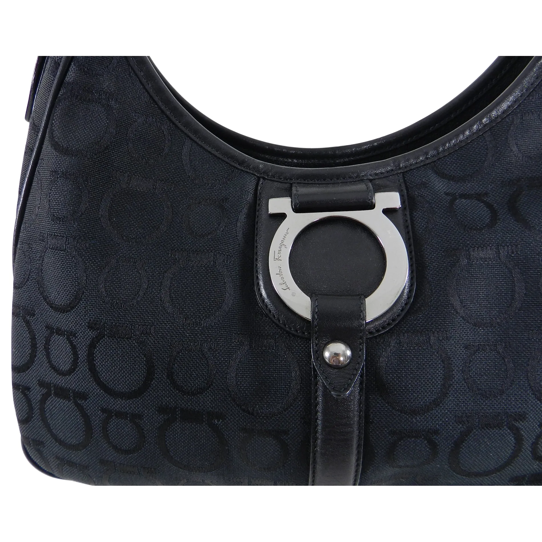 Ferragamo Gancini Black Canvas Logo Hobo Bag