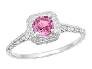 Filigree Scrolls Engraved Platinum Pink Sapphire Art Deco Engagement Ring